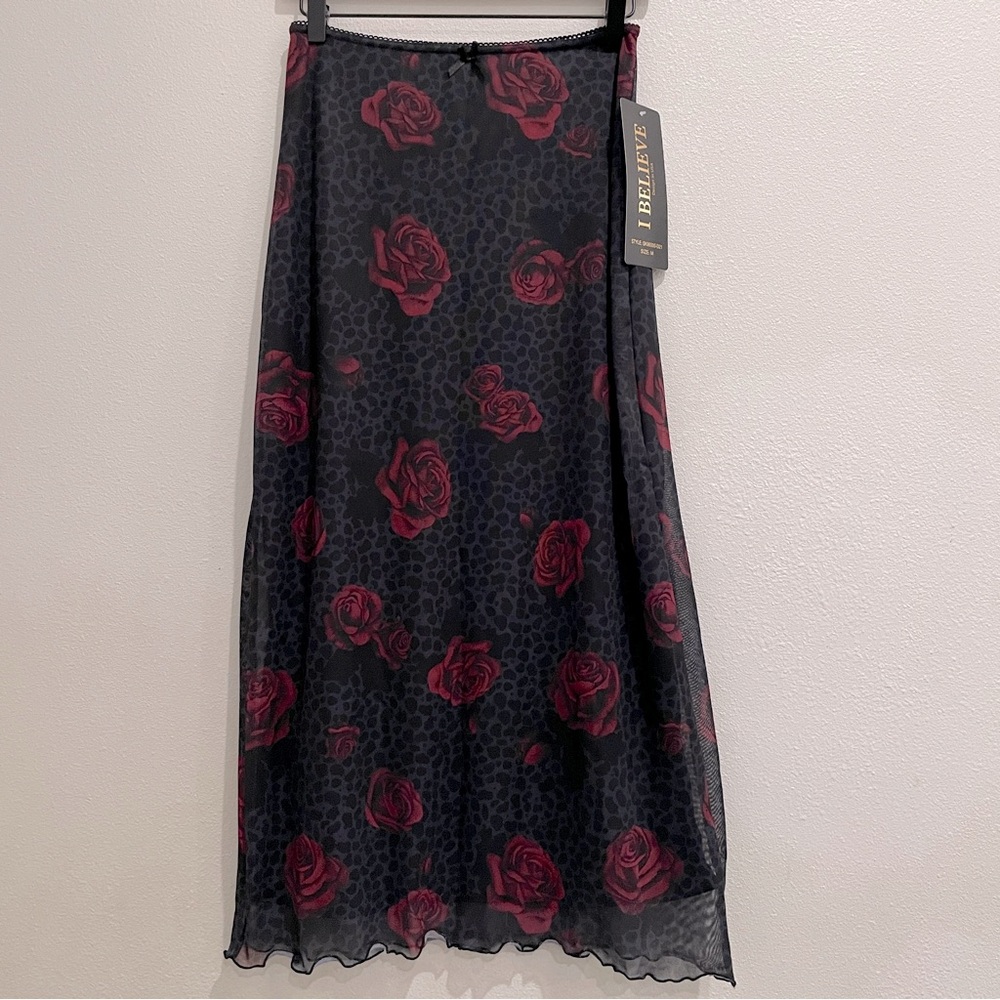 NEW Junior Size L Red Rose Leopard Mesh Midi Skirt Black Floral Y2K 90s